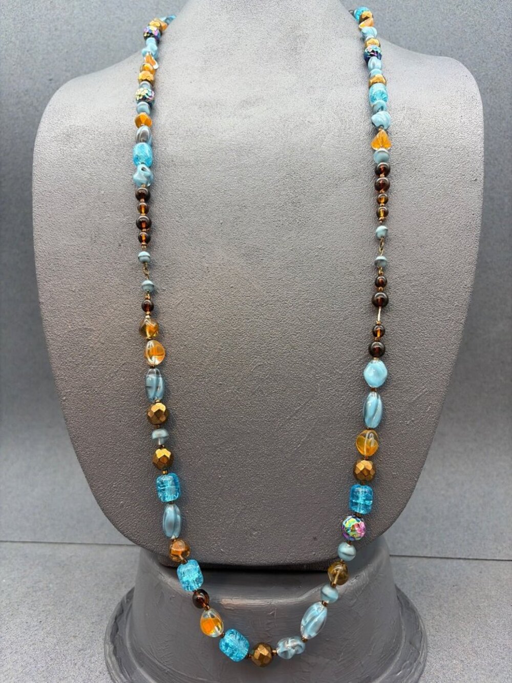 Handmade Glass Bead Necklace 42 In Colorful  Blue Amber Bronze Vibrant Statement
